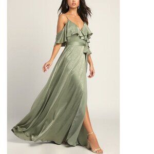 Lulus Moriah Sage Green Satin Wrap Maxi Dress Size XS NWOT